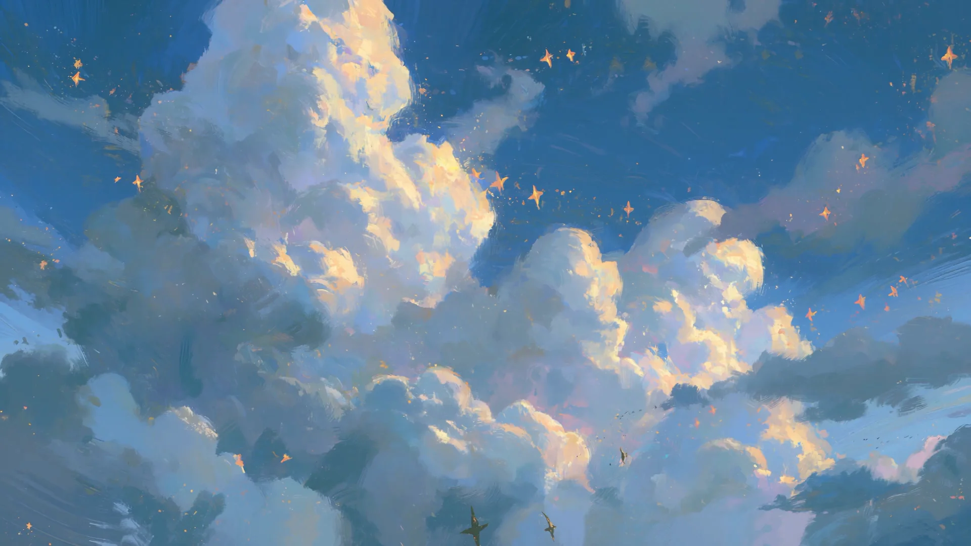 Painterly clouds and golden stars drifting across a blue sky